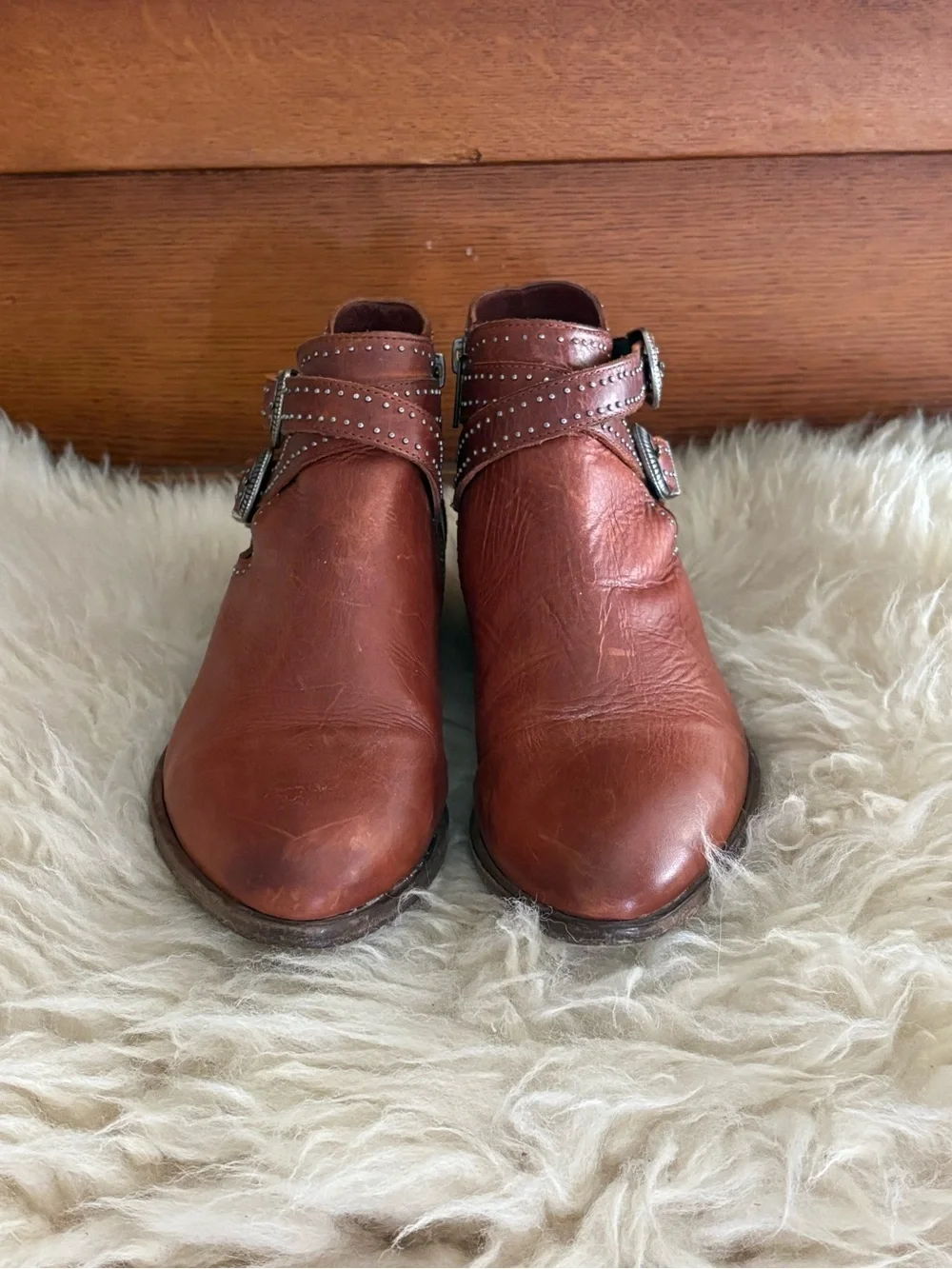 Frye ‘Ray Deco’ Red Clay Leather Buckle Side Zip Ankle Boots